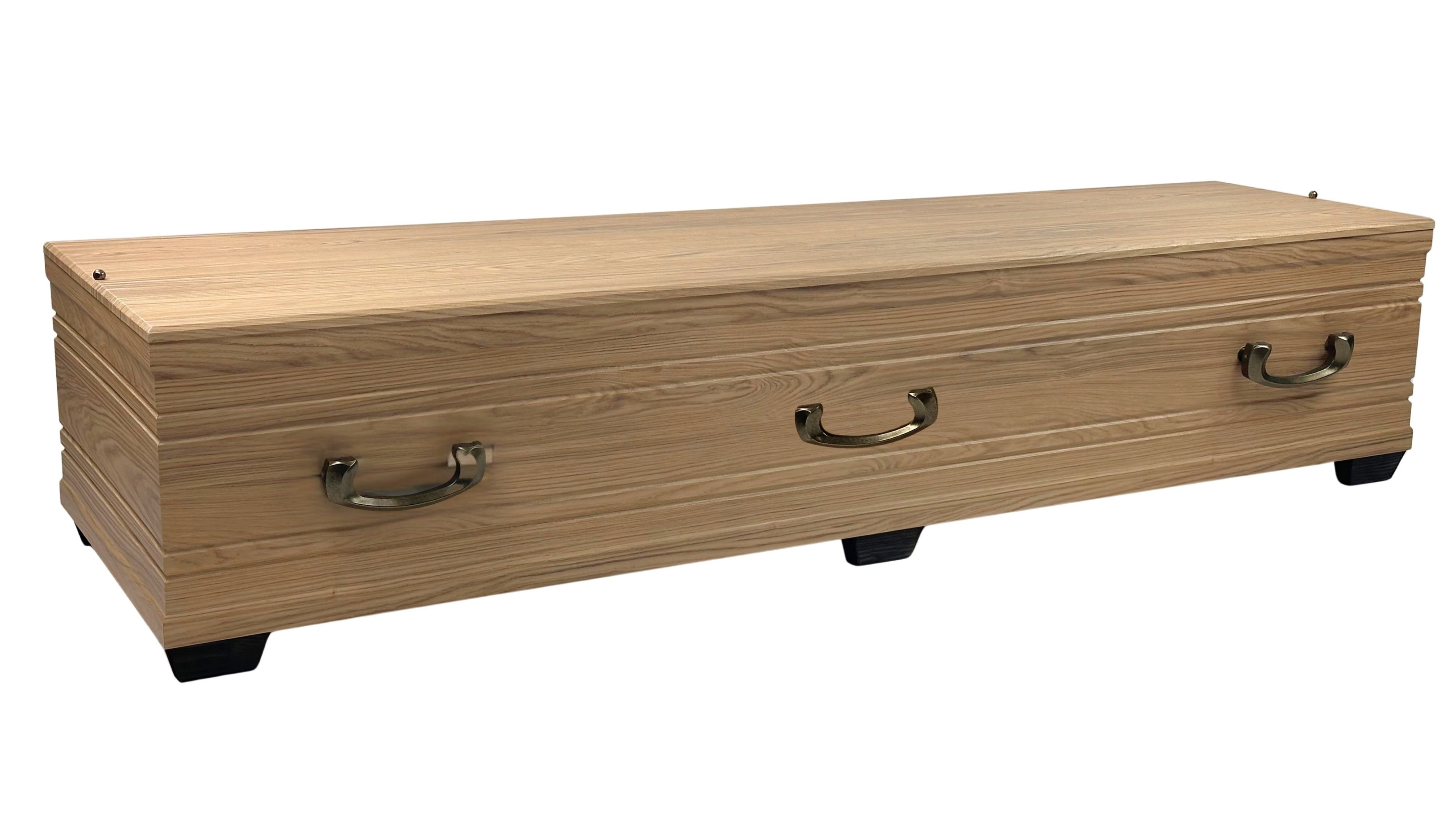 Lyon XL oak coffin with trapezoidal shape and flat lid, wood imitation decor, ONECOF