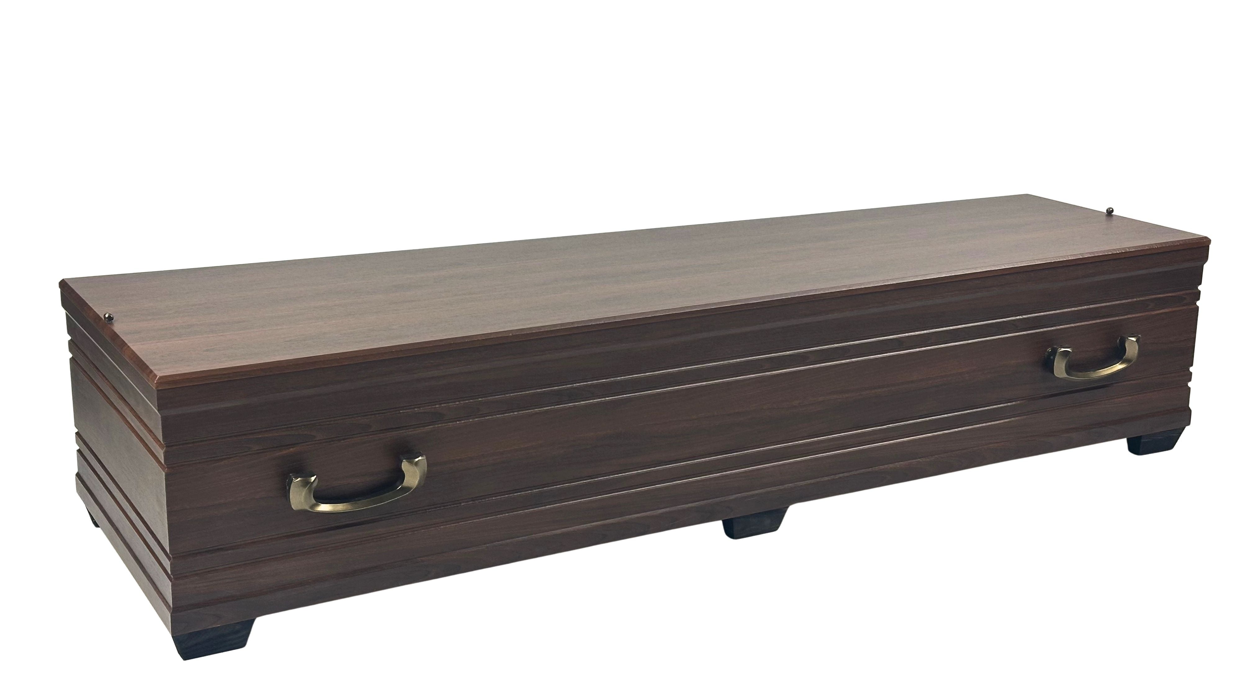 Lyon XL oak coffin with trapezoidal shape and flat lid, wood imitation decor, ONECOF
