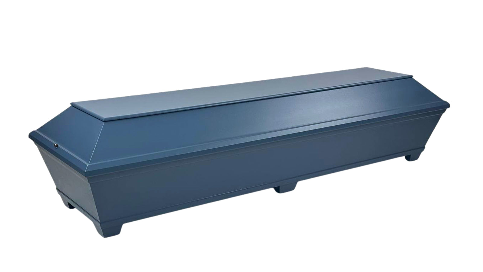 Amber rectangular blue coffin with optional side handles, white fabric interior and pillow