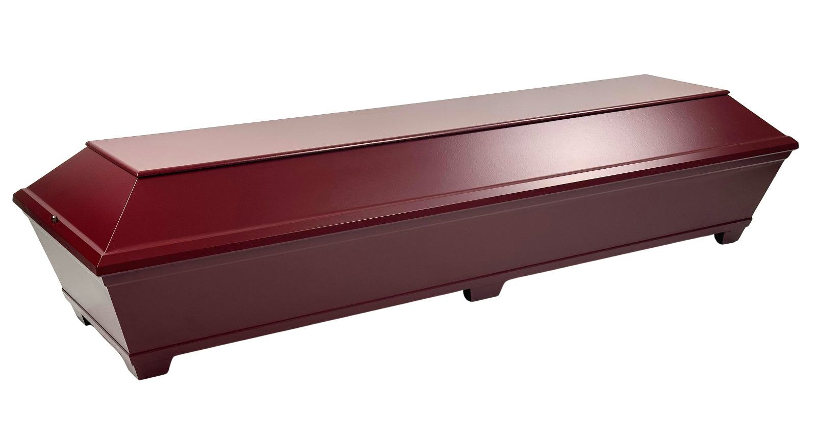 Amber Red coffin – rectangular funeral model with optional handles, red wood decor, white pillow