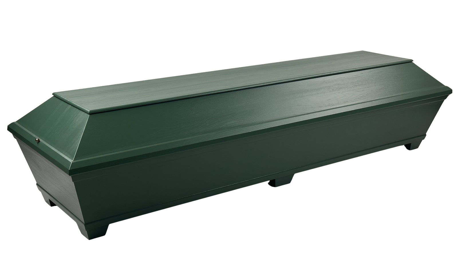 Amber rectangular green coffin with optional side handles, white fabric interior and pillow