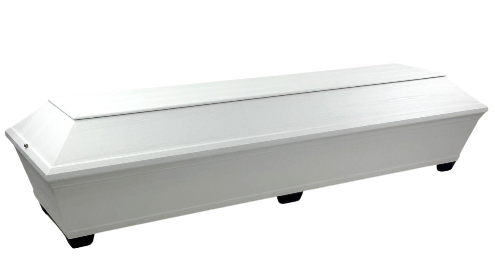 Amber rectangular white coffin with optional side handles, white fabric interior and pillow