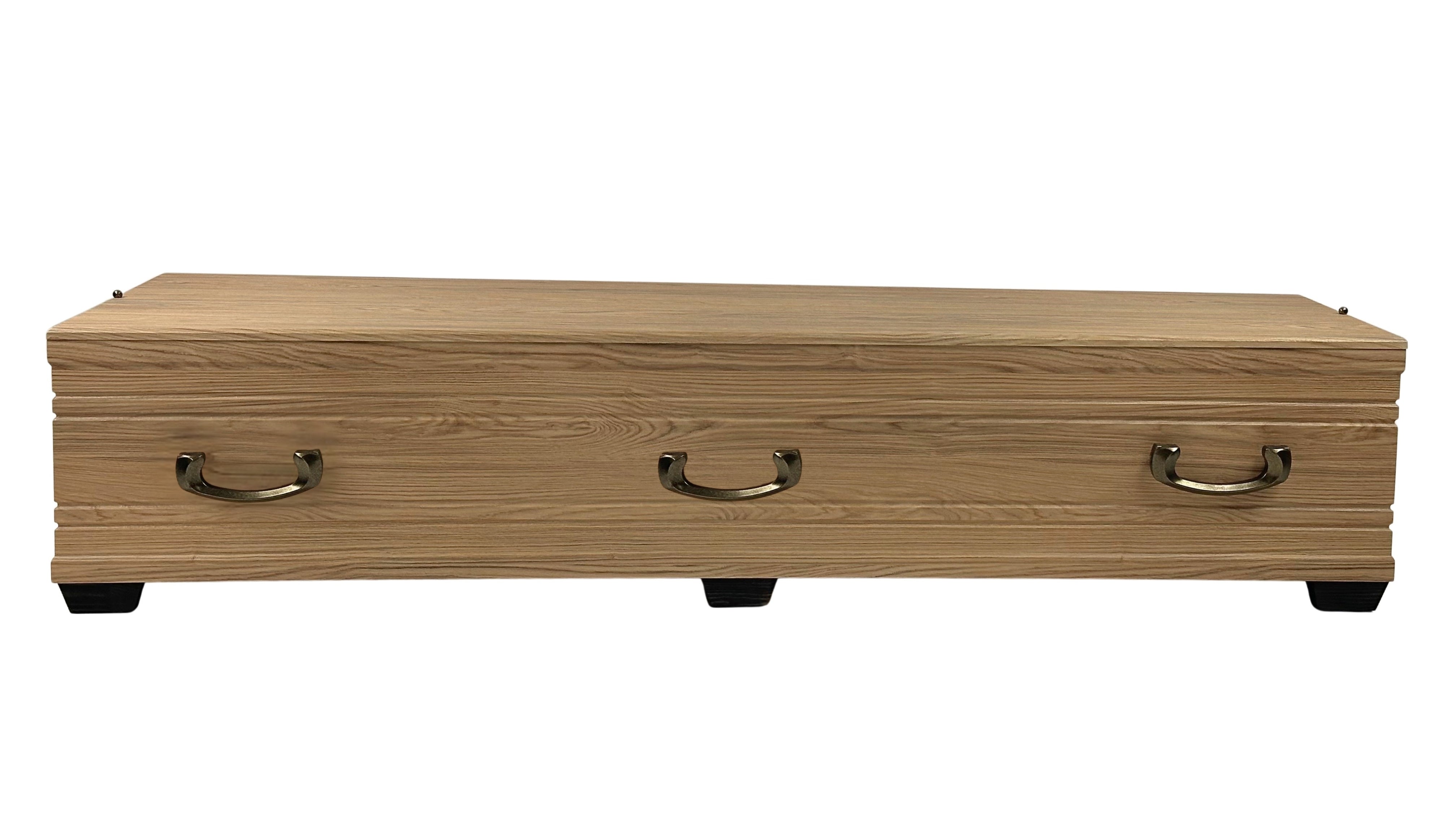 Lyon XL oak coffin with trapezoidal shape and flat lid, wood imitation decor, ONECOF