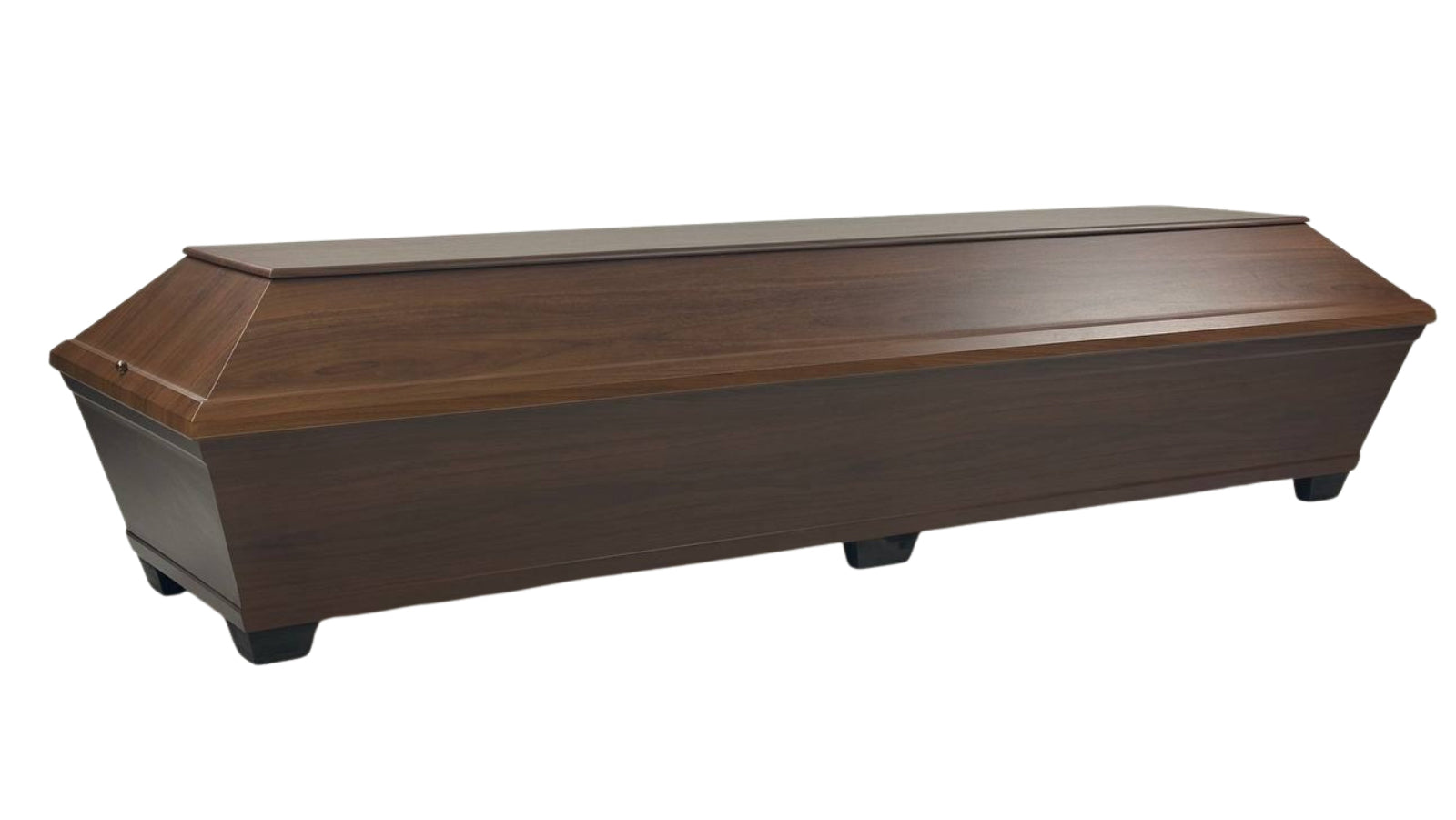 Amber rectangular walnut coffin with optional side handles, white fabric interior and pillow