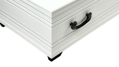 White coffin, flat lid.