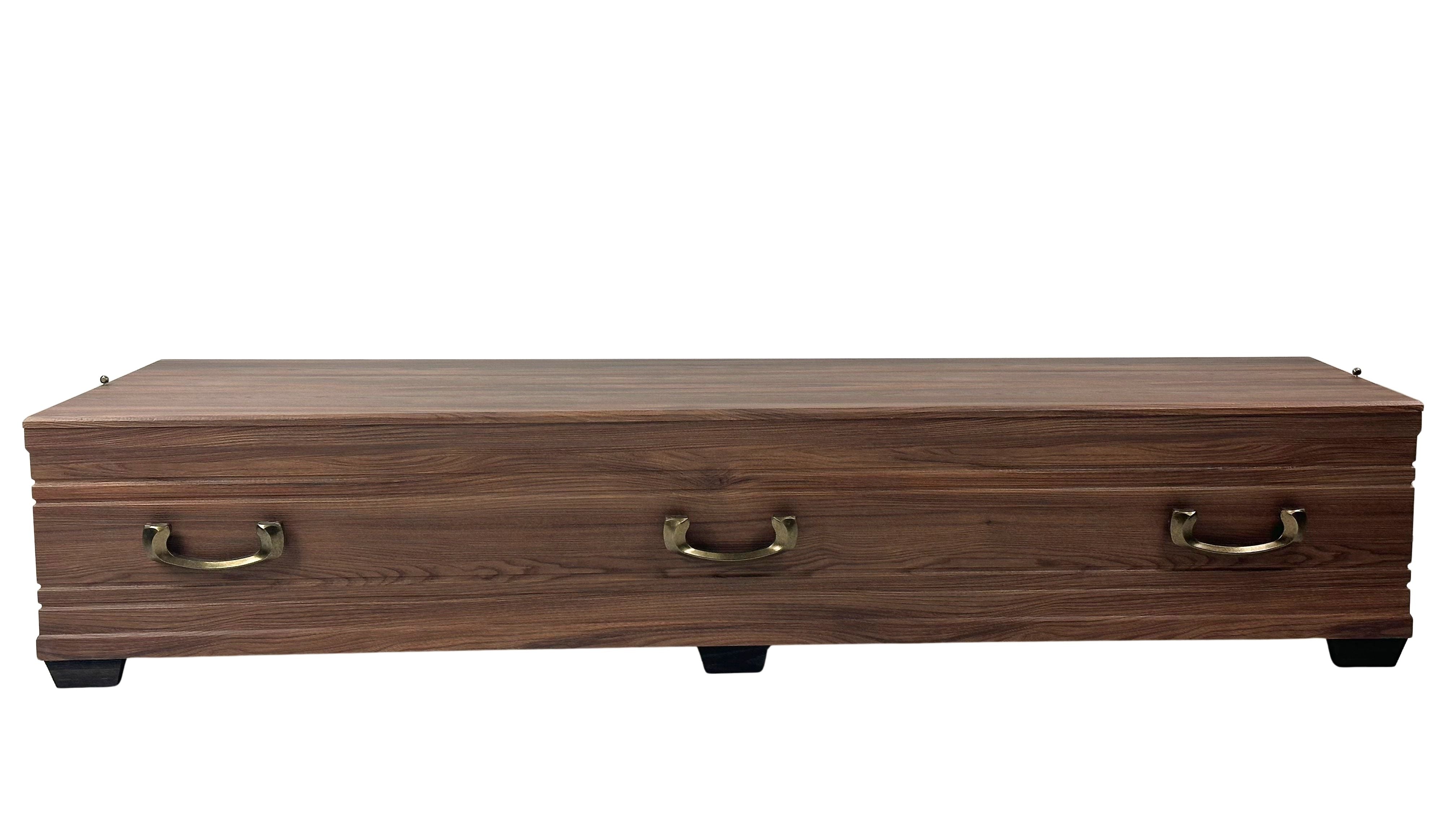 Lyon XL oak coffin with trapezoidal shape and flat lid, wood imitation decor, ONECOF