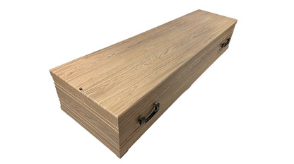 Lyon XL oak coffin with trapezoidal shape and flat lid, wood imitation decor, ONECOF