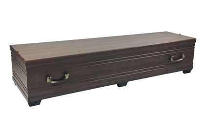 Lyon XL oak coffin with trapezoidal shape and flat lid, wood imitation decor, ONECOF