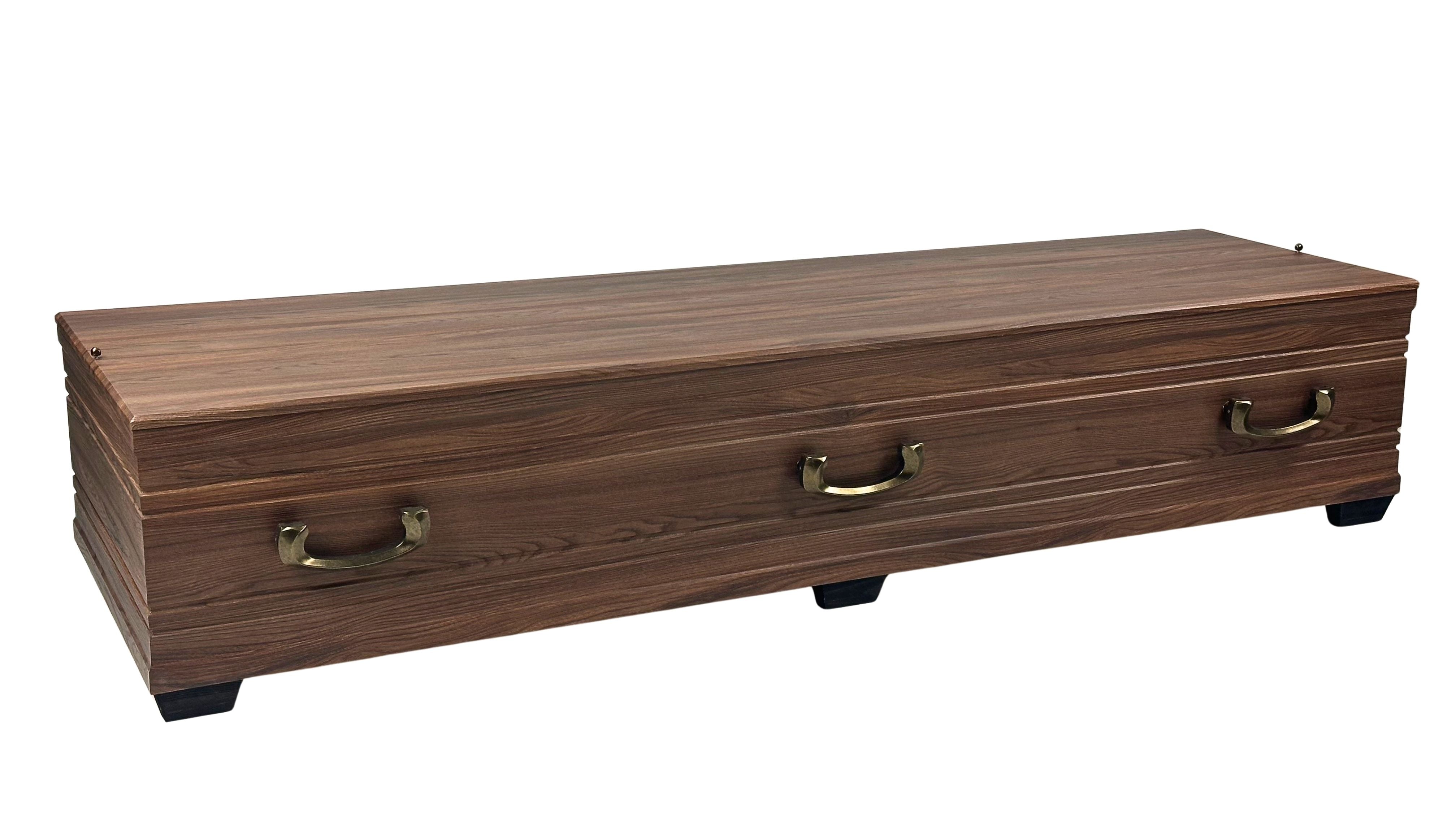 Lyon XL oak coffin with trapezoidal shape and flat lid, wood imitation decor, ONECOF